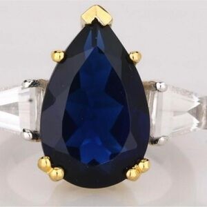 Women’s Size 6.5 Tear Drop Cut Dark Blue Zirconia Ring. Silver Band